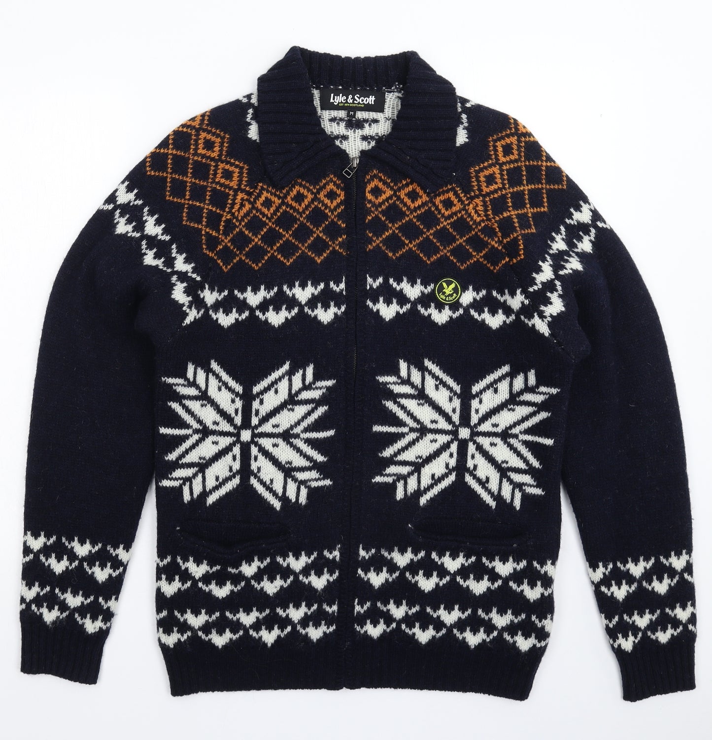 Lyle & Scott Mens Blue Geometric Knit Cardigan Jumper Size M