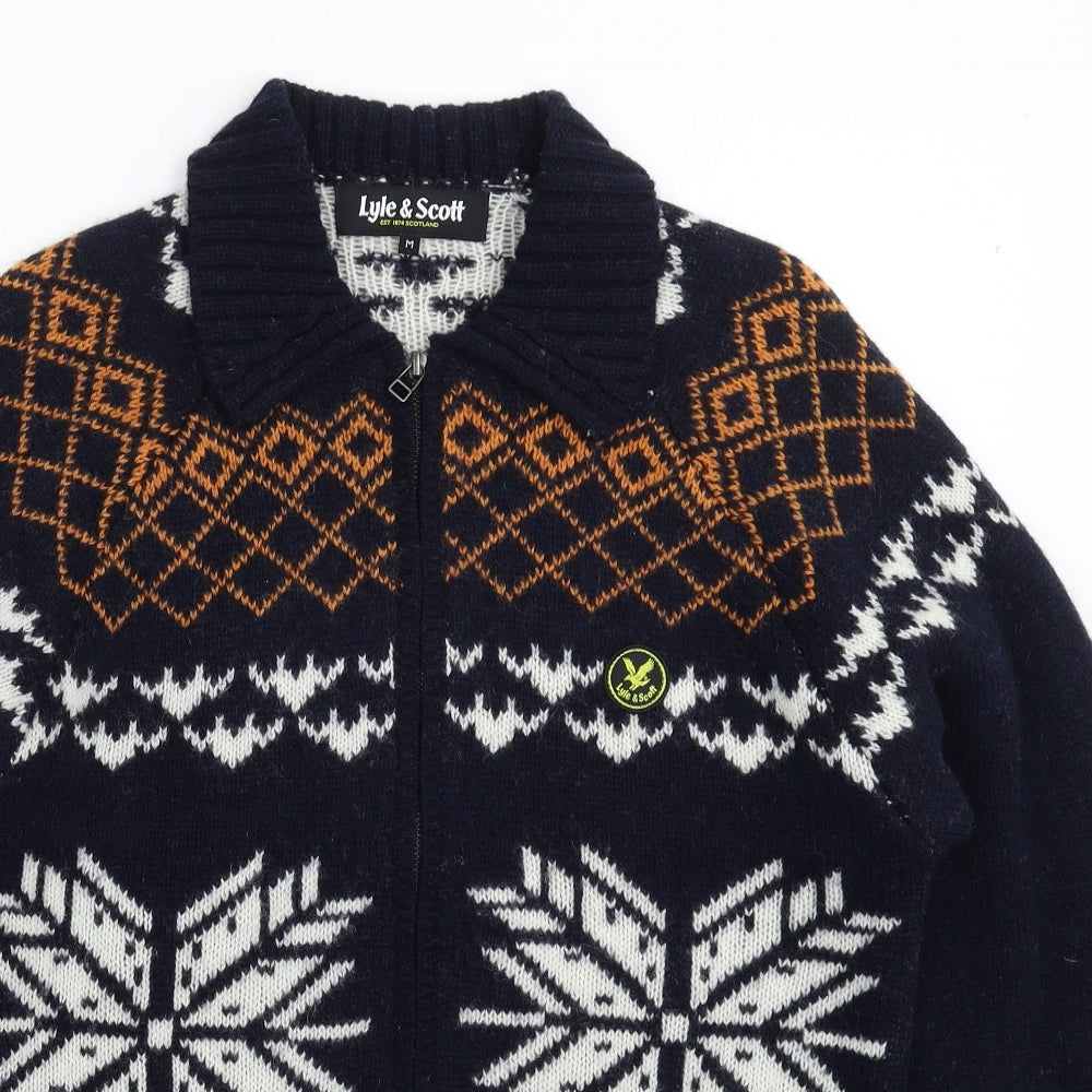 Lyle & Scott Mens Blue Geometric Knit Cardigan Jumper Size M