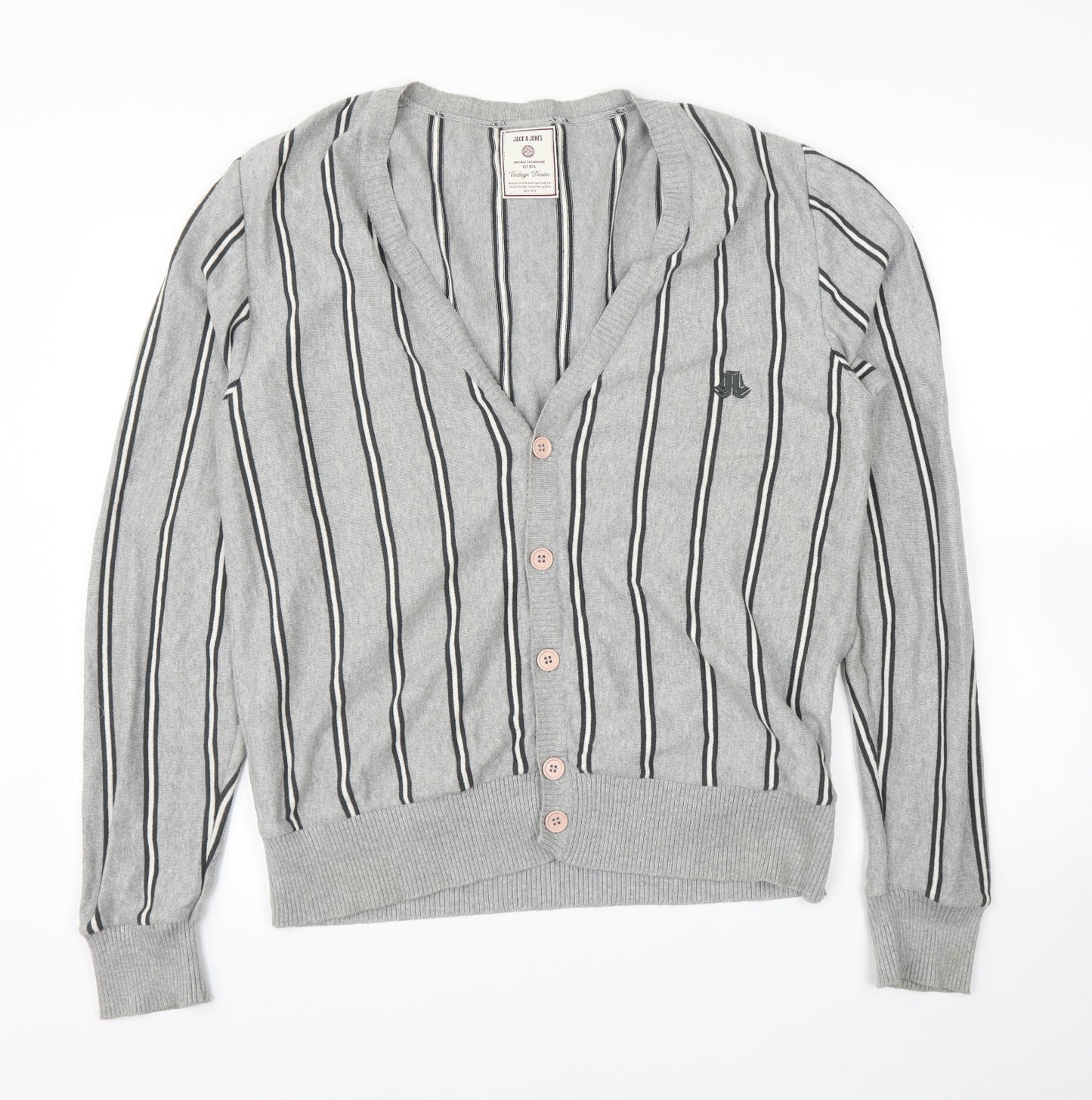JACK & JONES Mens Grey Striped  Cardigan Jumper Size XL