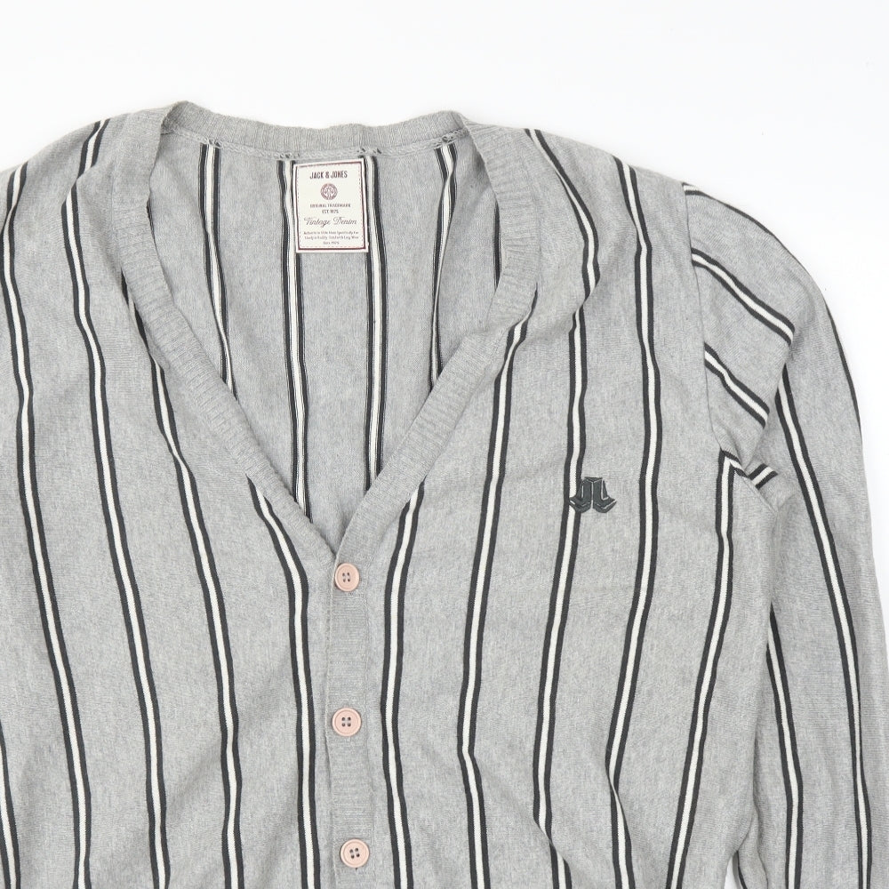 JACK & JONES Mens Grey Striped  Cardigan Jumper Size XL