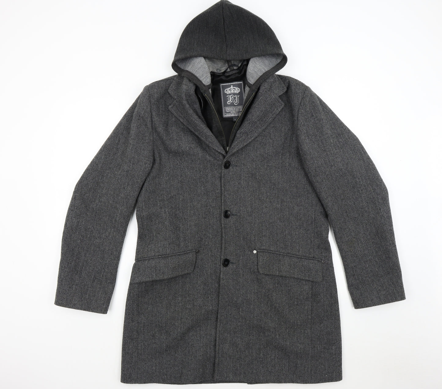 River Island Mens Grey Herringbone  Overcoat Coat Size L