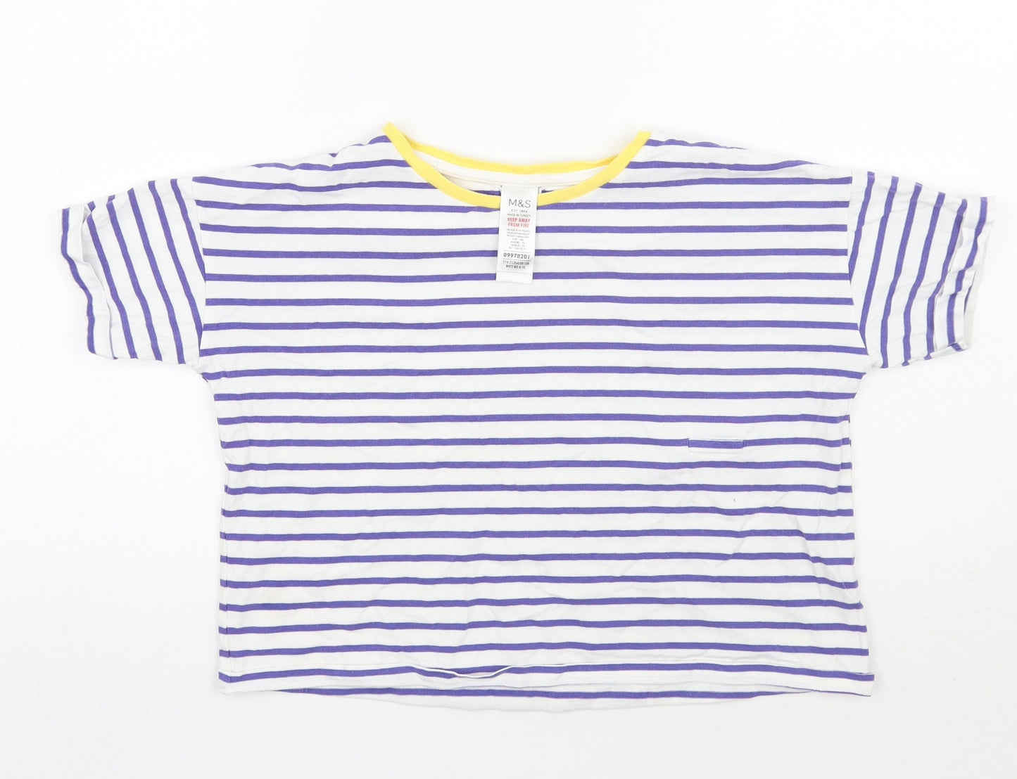 Marks and Spencer Girls White Striped  Basic T-Shirt Size 9-10 Years