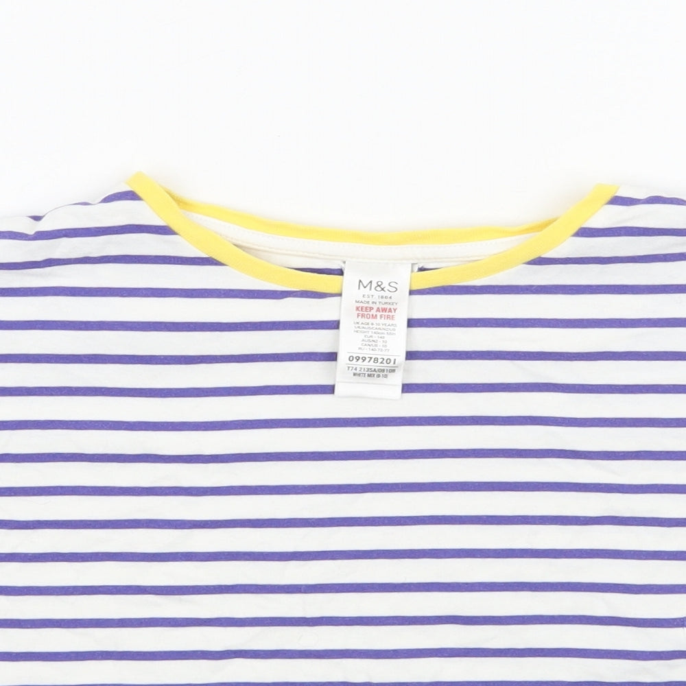 Marks and Spencer Girls White Striped  Basic T-Shirt Size 9-10 Years