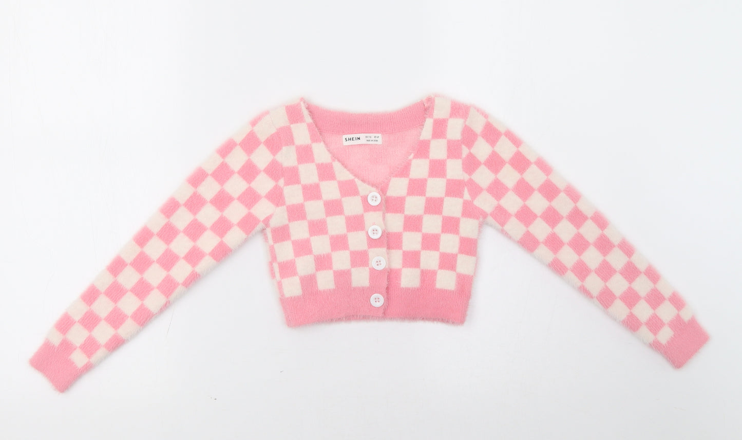 SheIn Girls Pink Check  Cardigan Jumper Size 6 Years