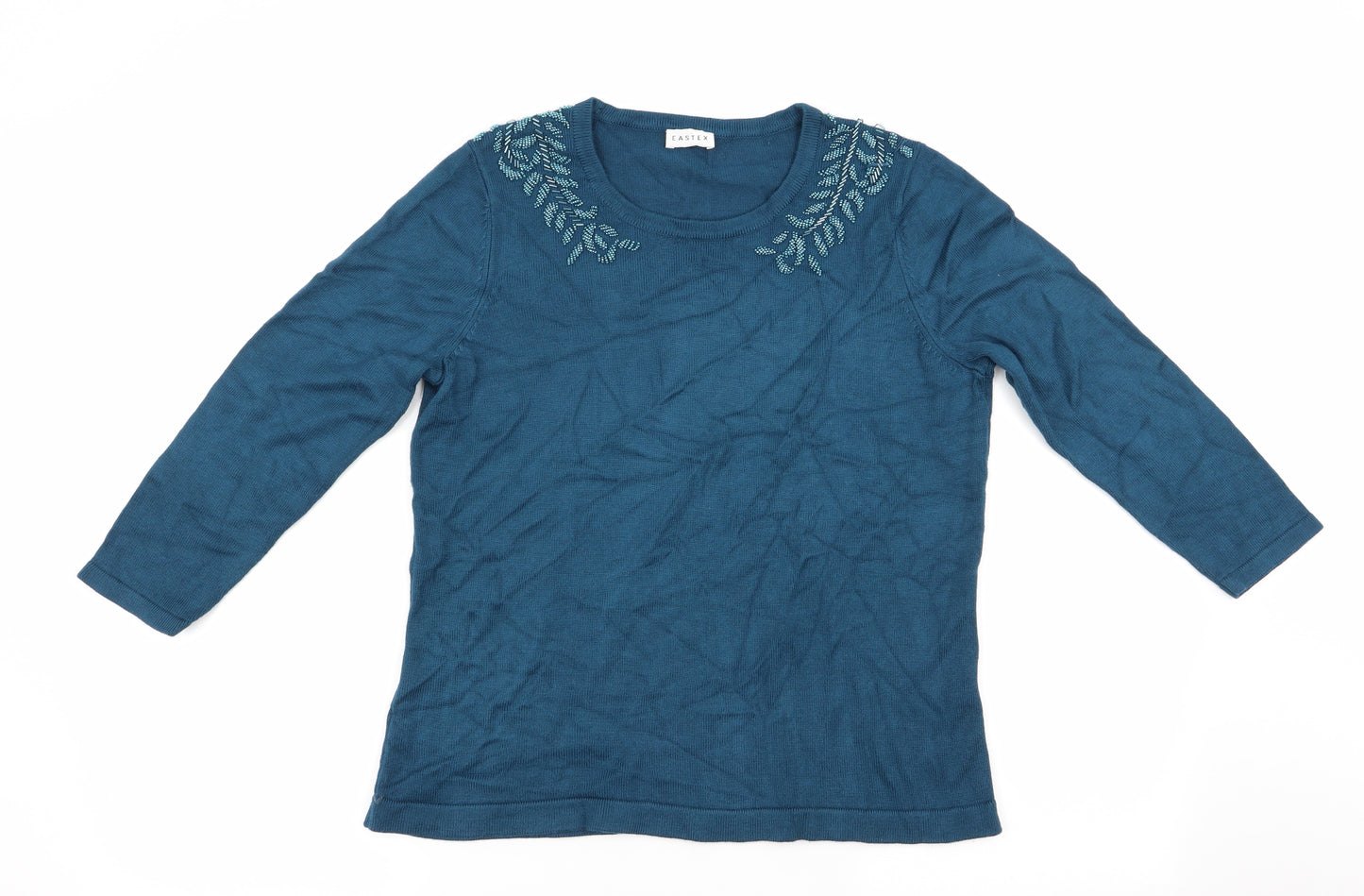 Eastex Womens Blue Floral  Pullover Jumper Size 10  - Beaded Neck