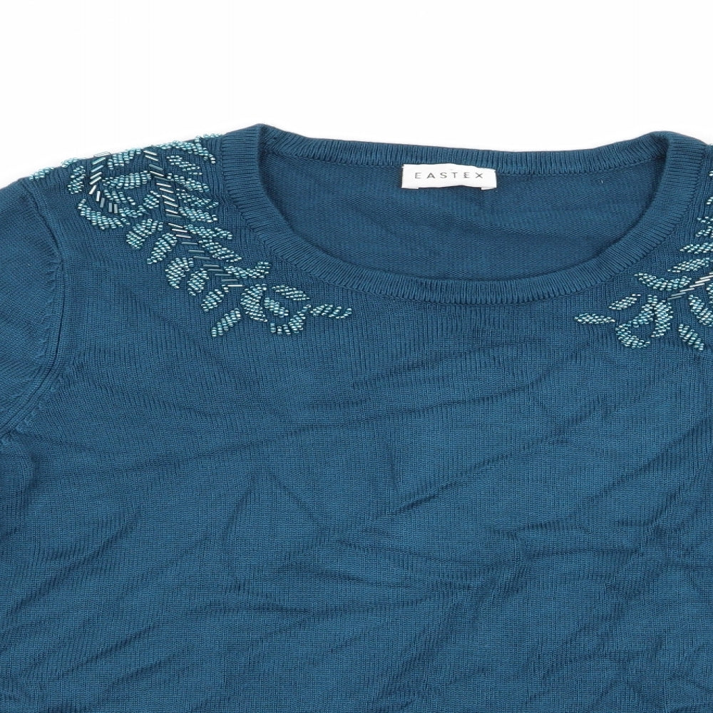 Eastex Womens Blue Floral  Pullover Jumper Size 10  - Beaded Neck