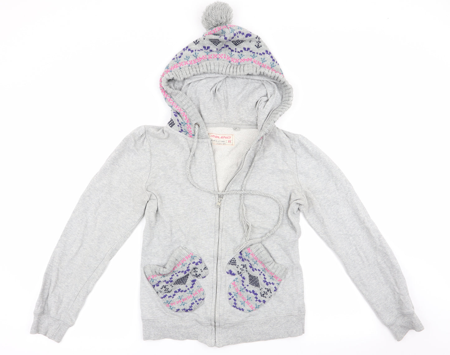 G Blend Womens Grey Geometric  Full Zip Hoodie Size XS  - Knitted hood and pockets