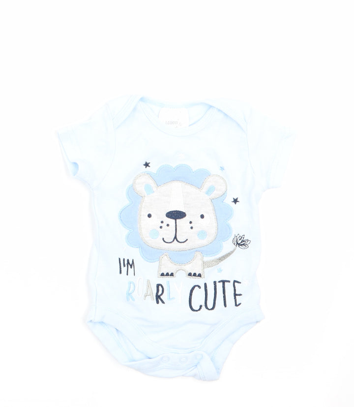 Moon & Stars Boys Blue Animal Print Romper One-Piece Size 0-3 Months - Lion I'm Roarly Cute