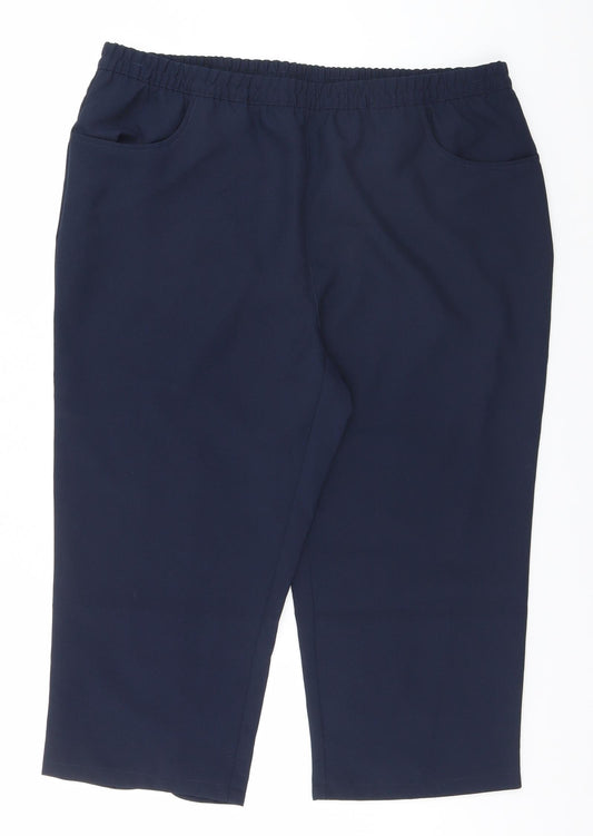 Front view of Preworn women’s blue trousers, size UK 18, 26-inch leg - butterfly