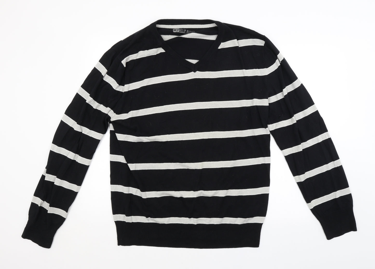 PHILLIP RUSSEL Mens Black Striped  Pullover Jumper Size 2XL