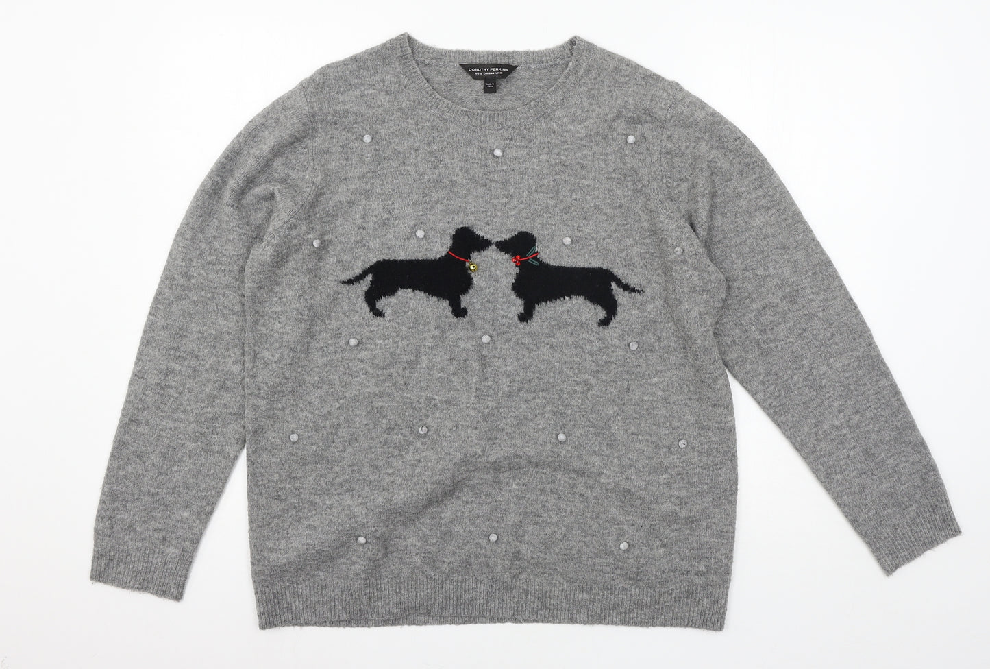 Dorothy Perkins Womens Grey  Knit Pullover Jumper Size 16  - Daschund christmas