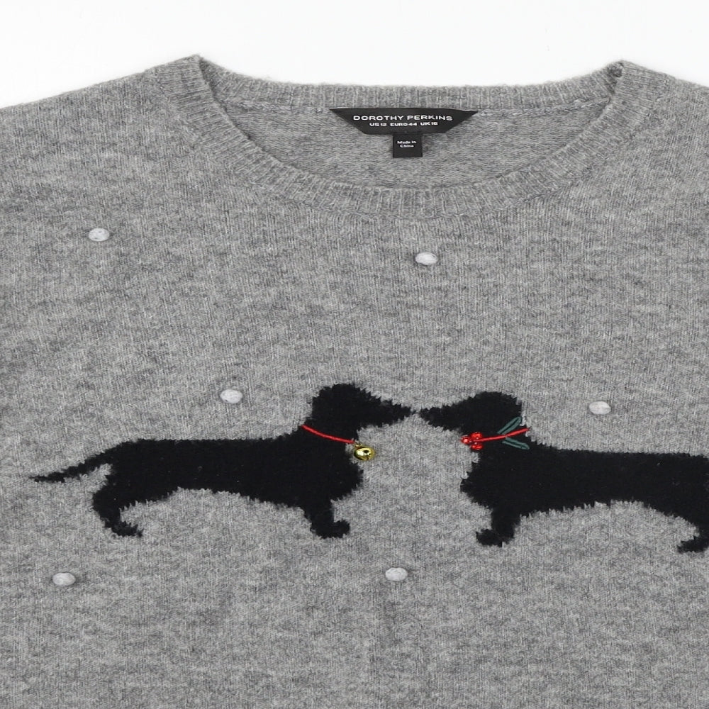 Dorothy Perkins Womens Grey  Knit Pullover Jumper Size 16  - Daschund christmas