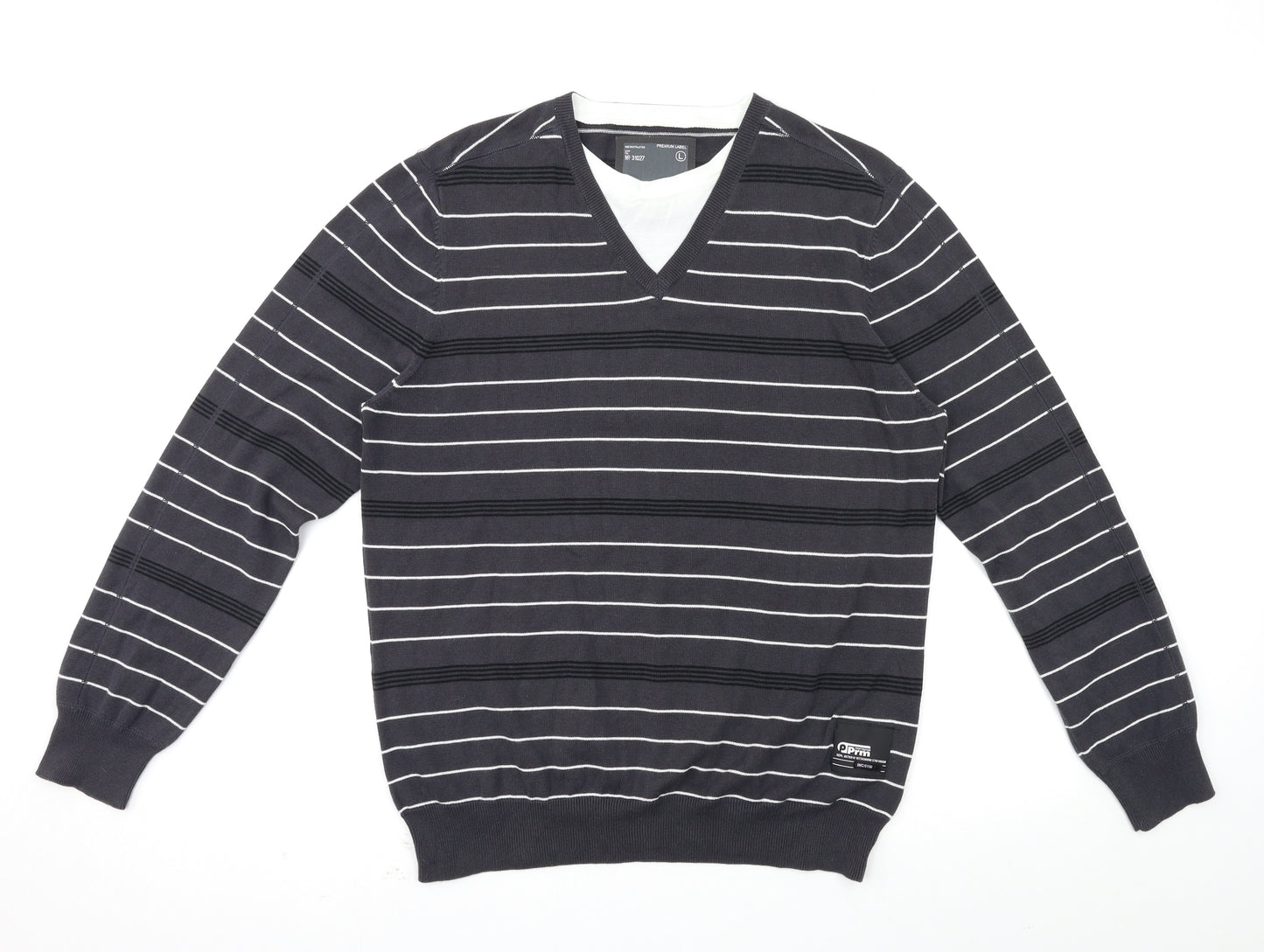 premium label Mens Grey Striped  Pullover Jumper Size L
