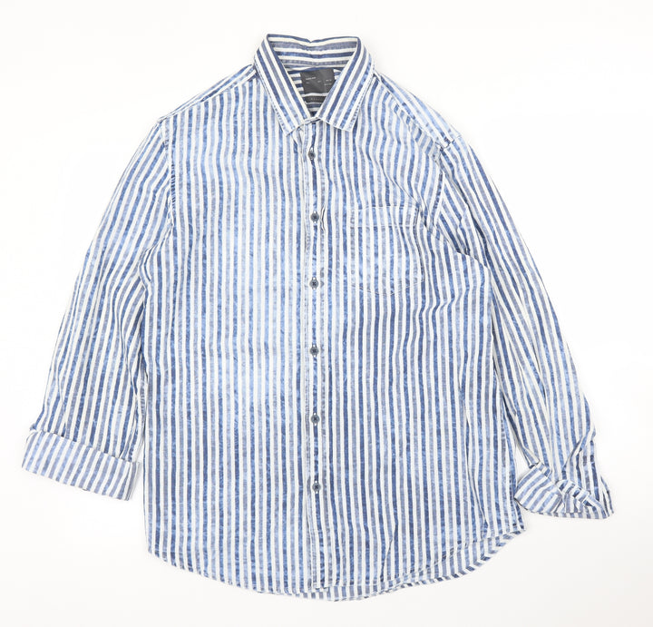 Zara Mens Blue Striped Button-Up Size L