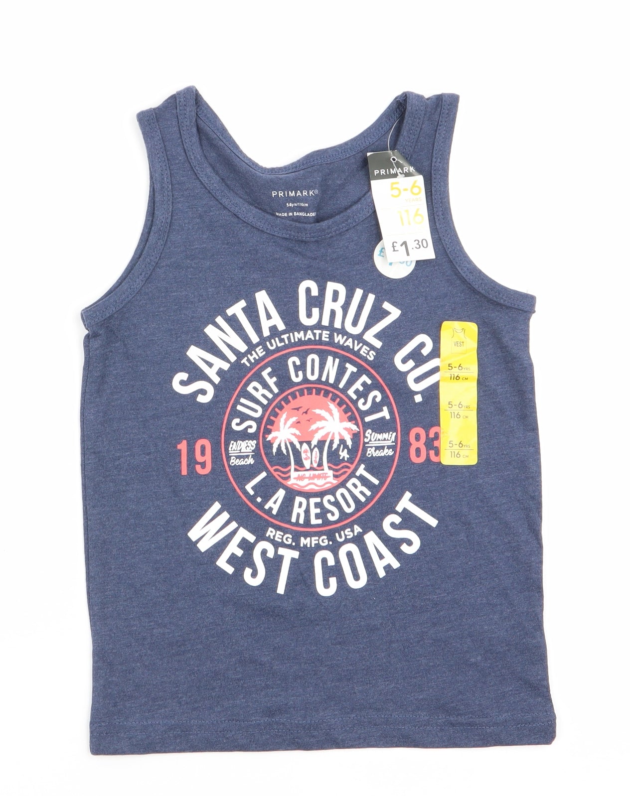 Primark Boys Blue   Basic Tank Size 5-6 Years  - Santa Cruz Co