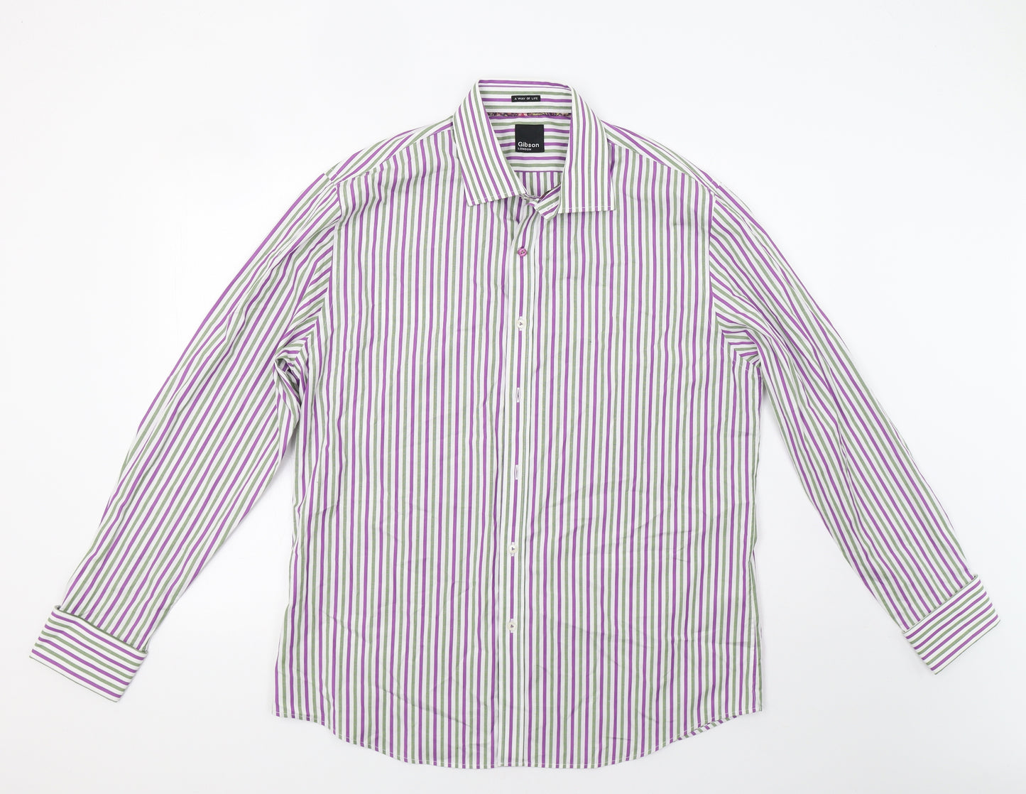 Gibson Mens Purple Striped   Dress Shirt Size L