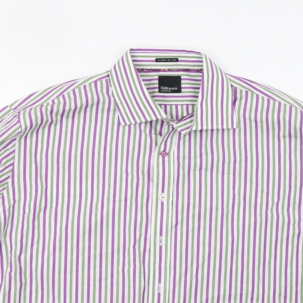 Gibson Mens Purple Striped   Dress Shirt Size L