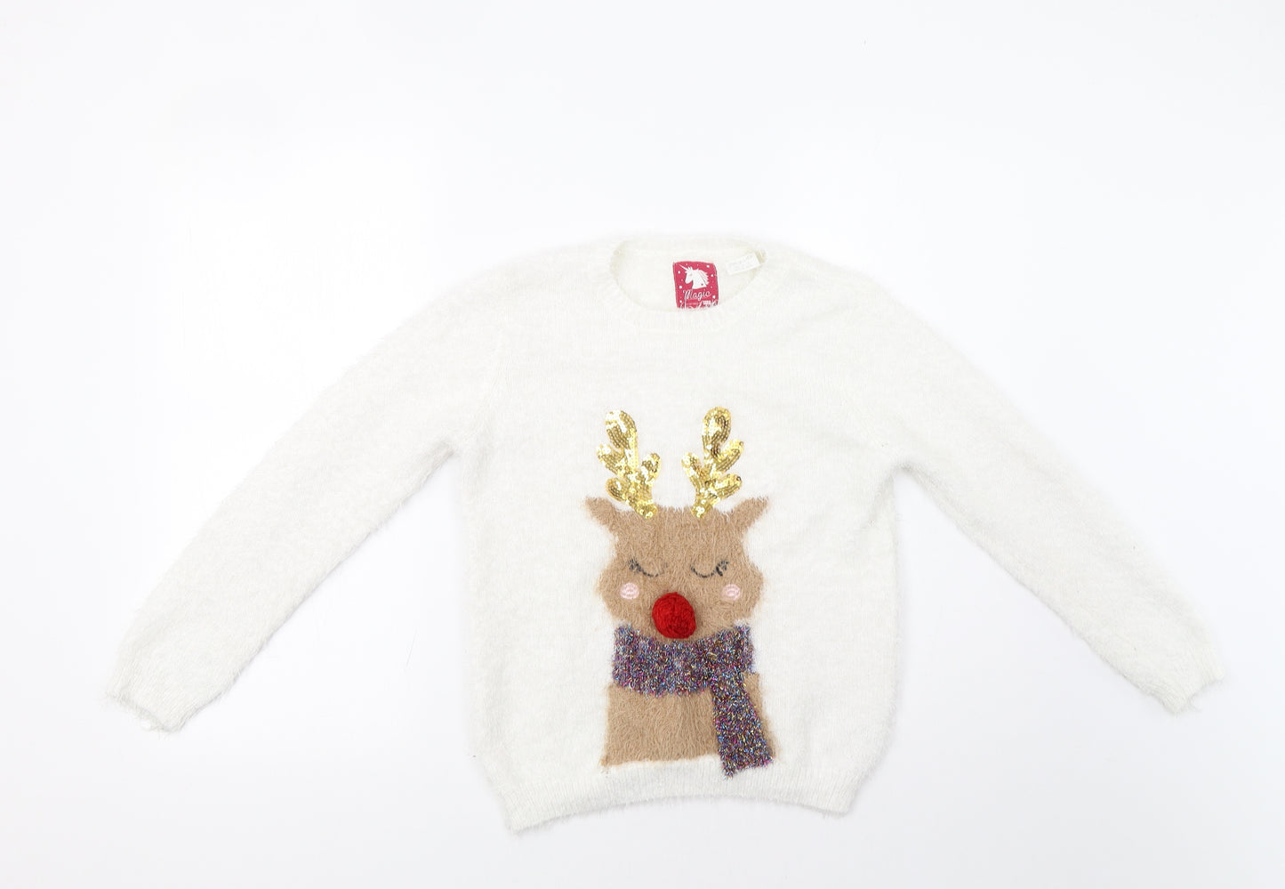 F&F Girls White   Pullover Jumper Size 9-10 Years  - Rudolph Christmas