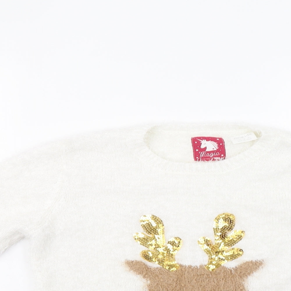 F&F Girls White   Pullover Jumper Size 9-10 Years  - Rudolph Christmas