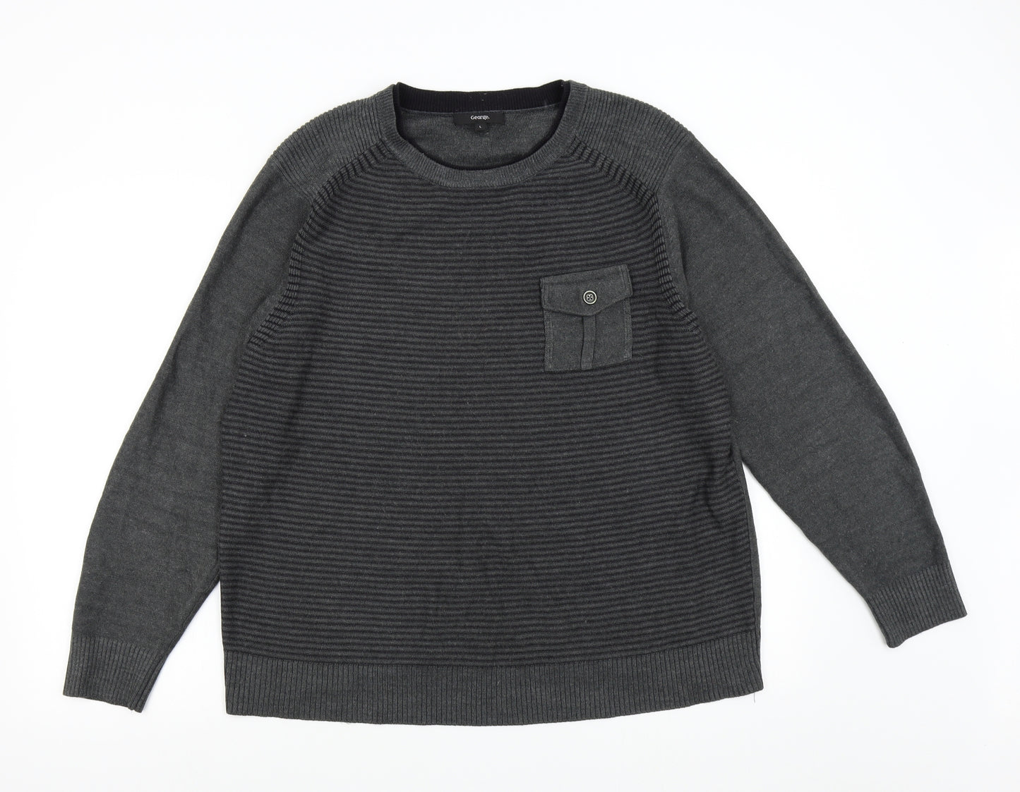 George Mens Grey Striped Knit Pullover Jumper Size L