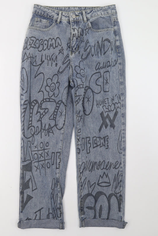 Front view of SHEIN women’s blue denim mom jeans, size S, 30-inch leg