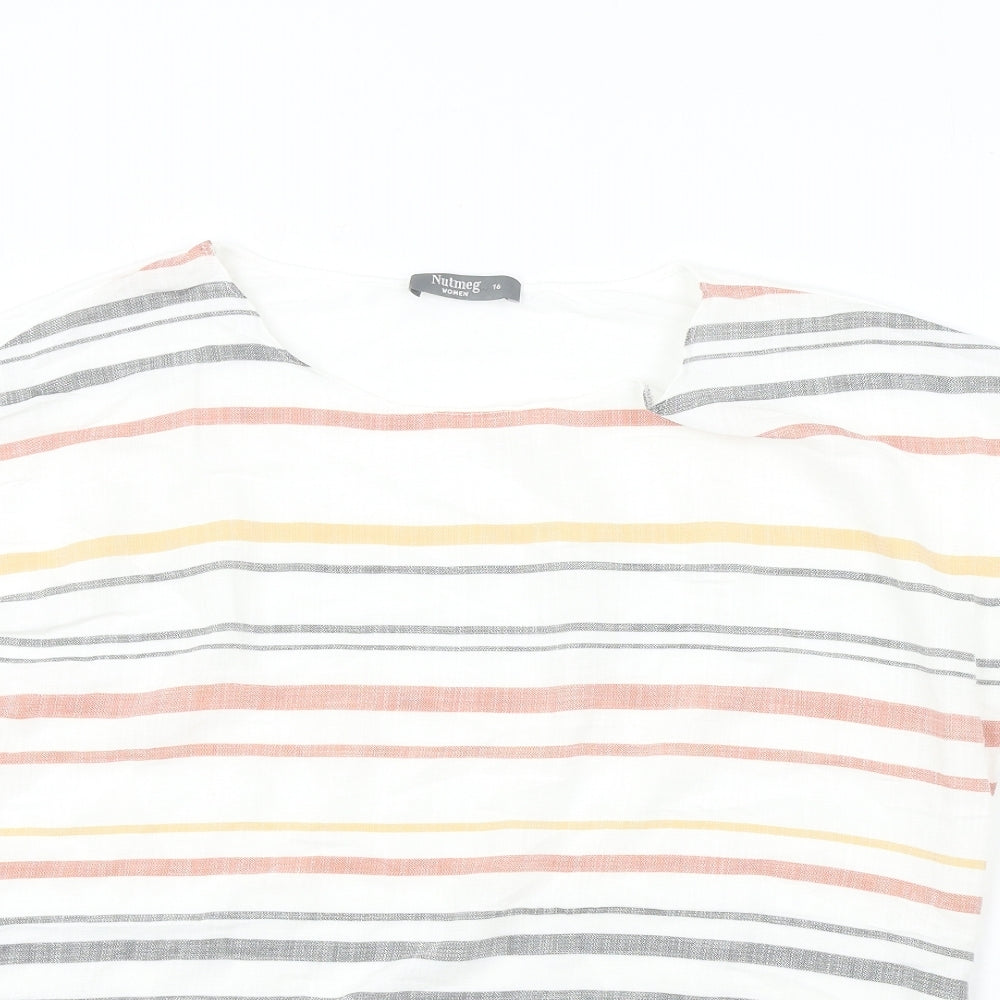 Nutmeg  Womens White Striped Viscose Basic T-Shirt Size 14 V-Neck