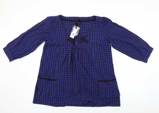 Front view of Fashion Union women’s blue check basic blouse, size UK 12