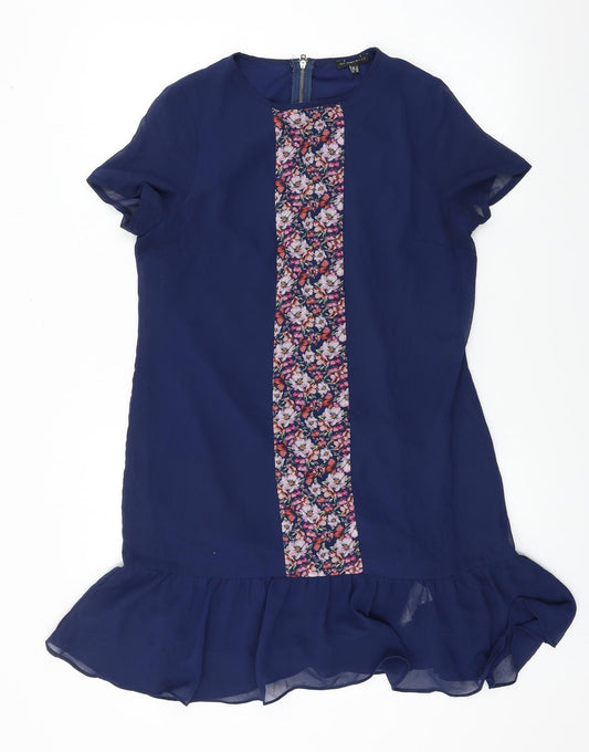Front view of women’s blue floral a-line, size UK 12