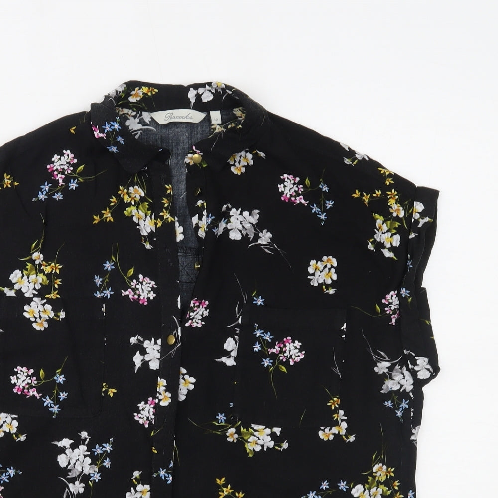 Peacocks Womens Black Floral  Basic Button-Up Size 12