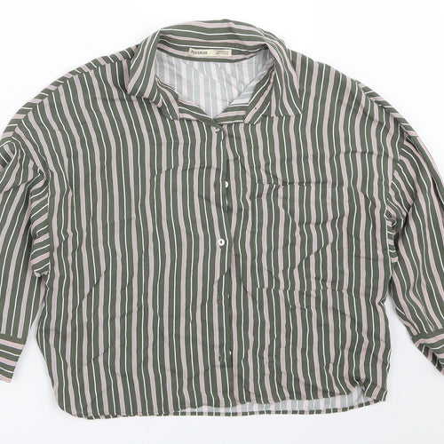 Pull&Bear Womens Green Striped  Basic Button-Up Size XS