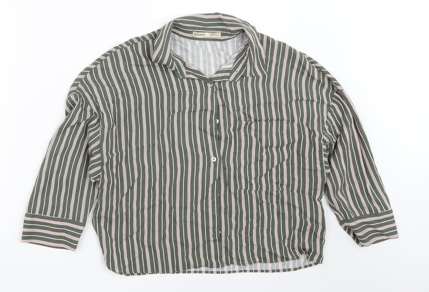 Pull&Bear Womens Green Striped  Basic Button-Up Size XS