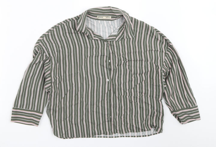 Pull&Bear Womens Green Striped  Basic Button-Up Size XS