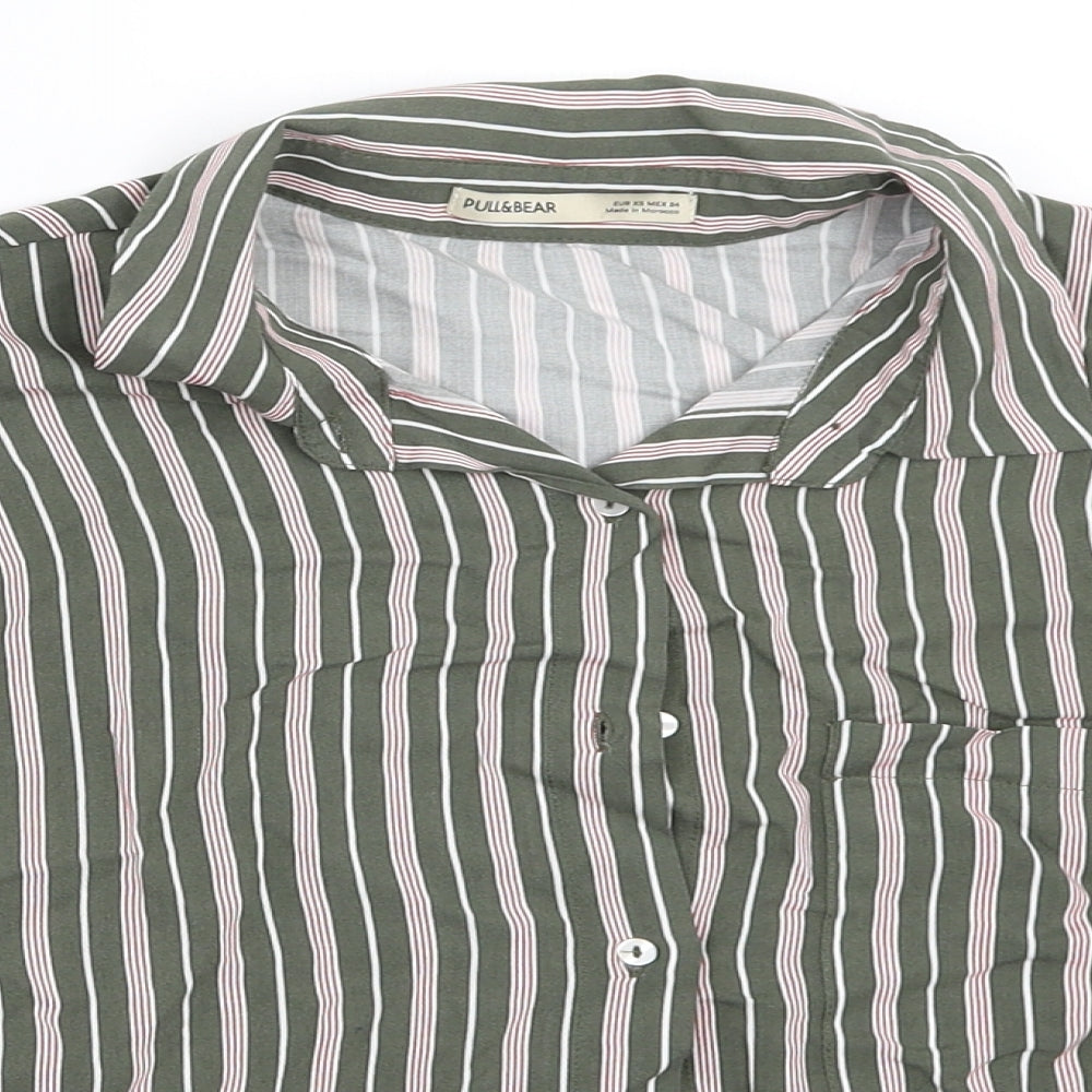 Pull&Bear Womens Green Striped  Basic Button-Up Size XS