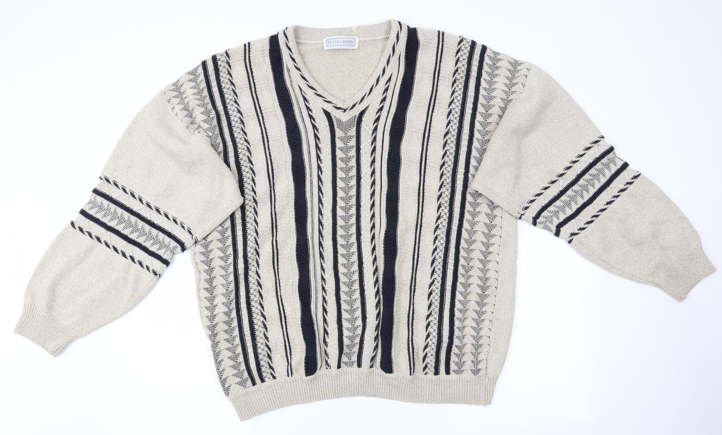Peter Gribby Mens Beige Geometric  Pullover Jumper Size 2XL