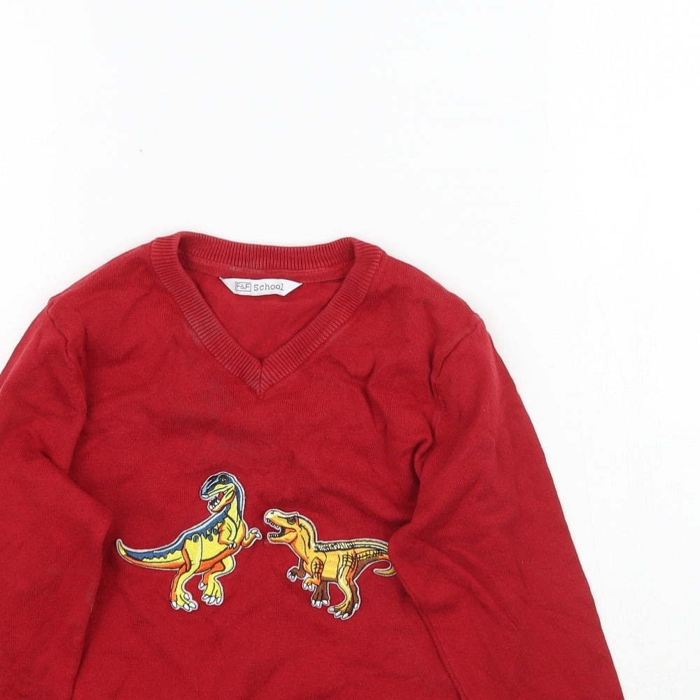 F&F Boys Red  Knit Pullover Jumper Size 7-8 Years  - School Dinosaur