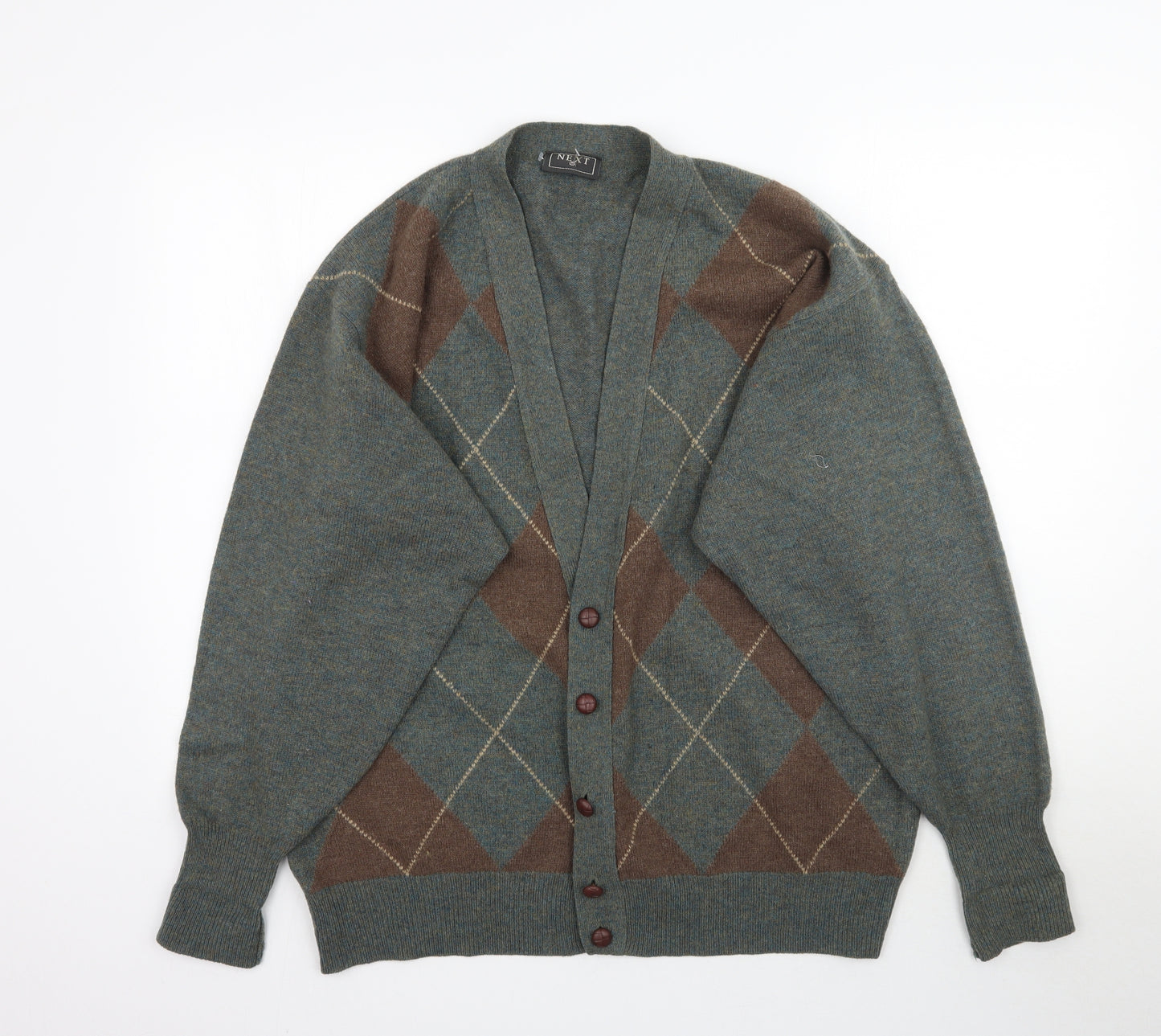 NEXT Mens Green Argyle/Diamond Knit Cardigan Jumper Size L