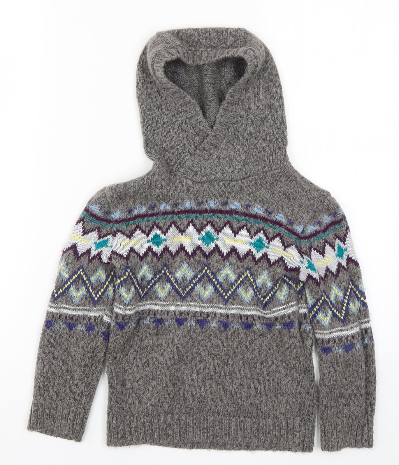 River Island Boys Grey Fair Isle Knit Pullover Hoodie Size 3-4 Years