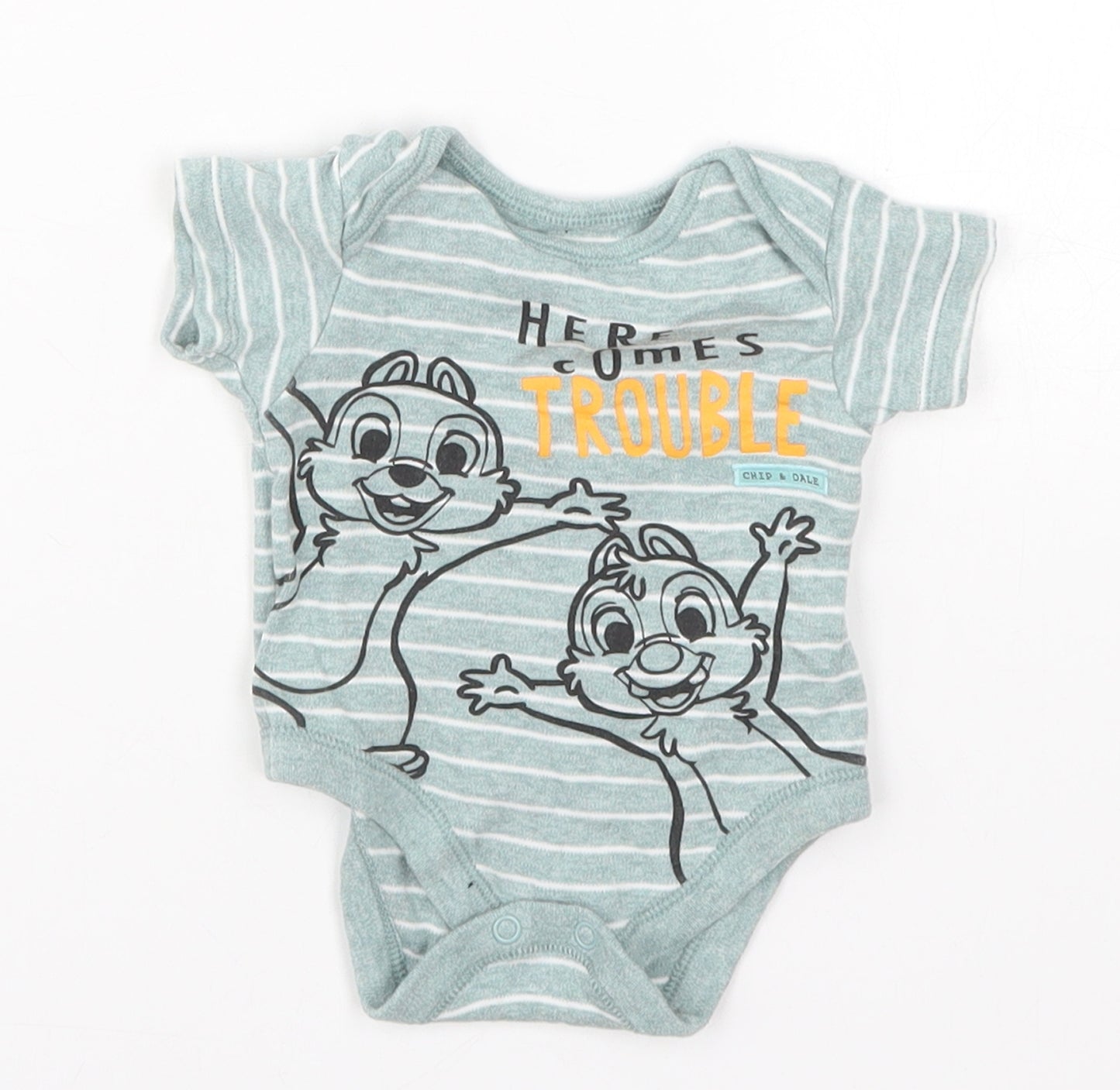 George Boys Green Striped  Babygrow One-Piece Size 0-3 Months  - Here Comes Trouble Chip and Dale