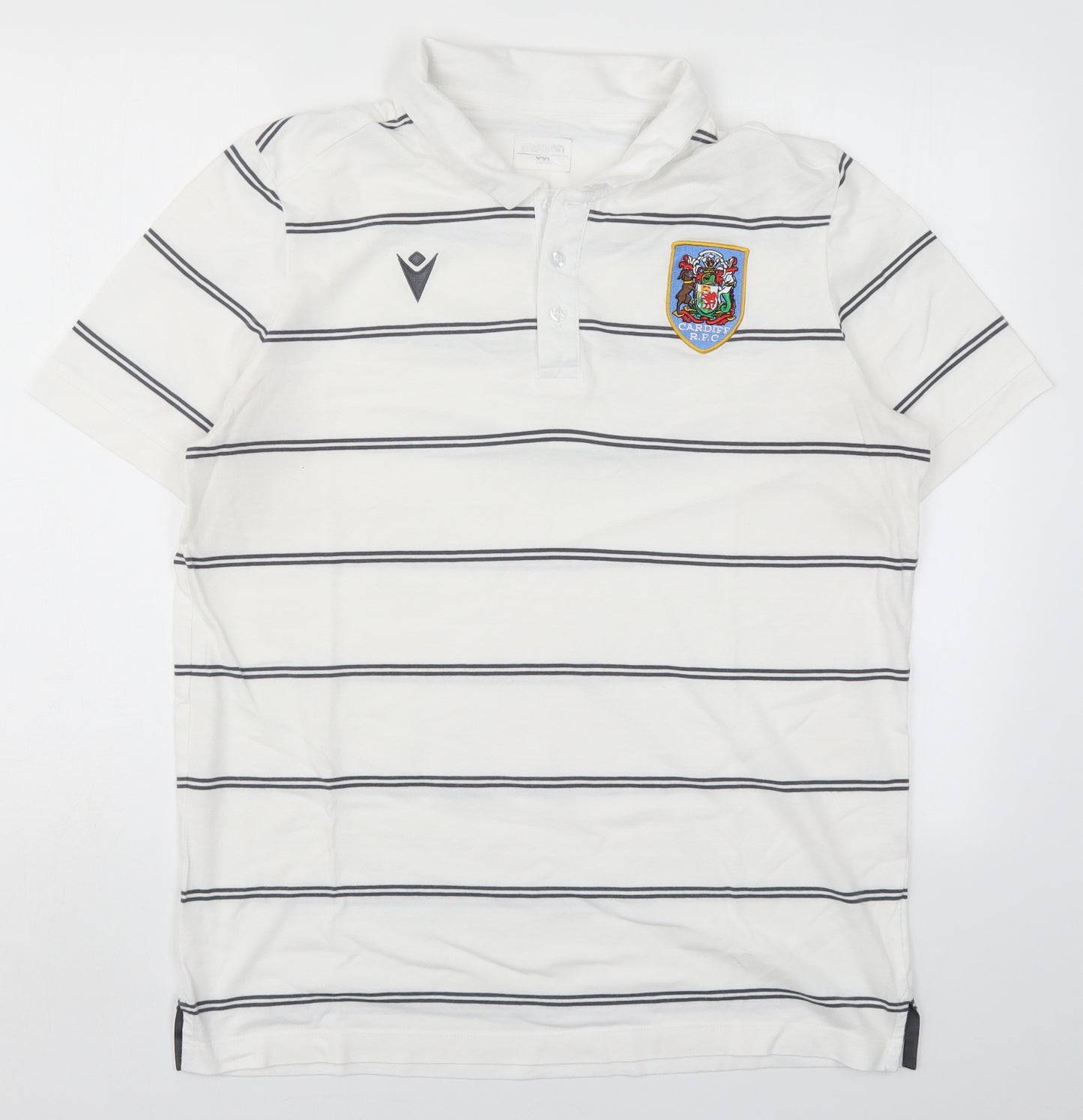 Macron Mens White Striped   Polo Size 2XL  - Cardiff RFC