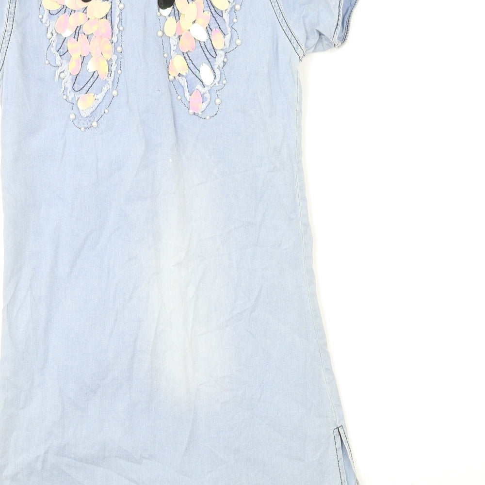 Alya Girls Blue  Denim Shirt Dress  Size 11 Years  - angel wings