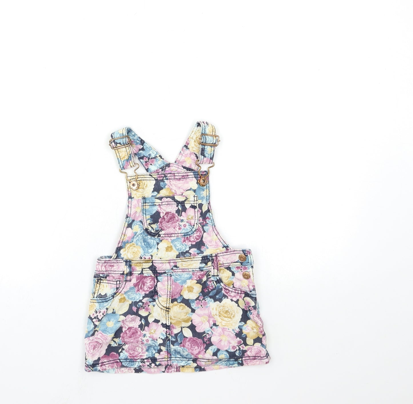 F&F Baby Pink Floral Denim Pinafore/Dungaree Dress  Size 12-18 Months