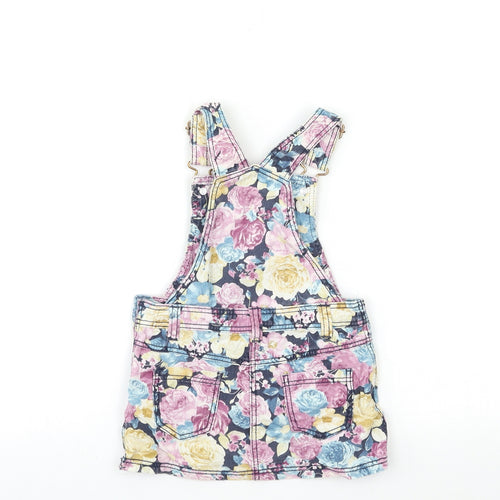 F&F Baby Pink Floral Denim Pinafore/Dungaree Dress  Size 12-18 Months