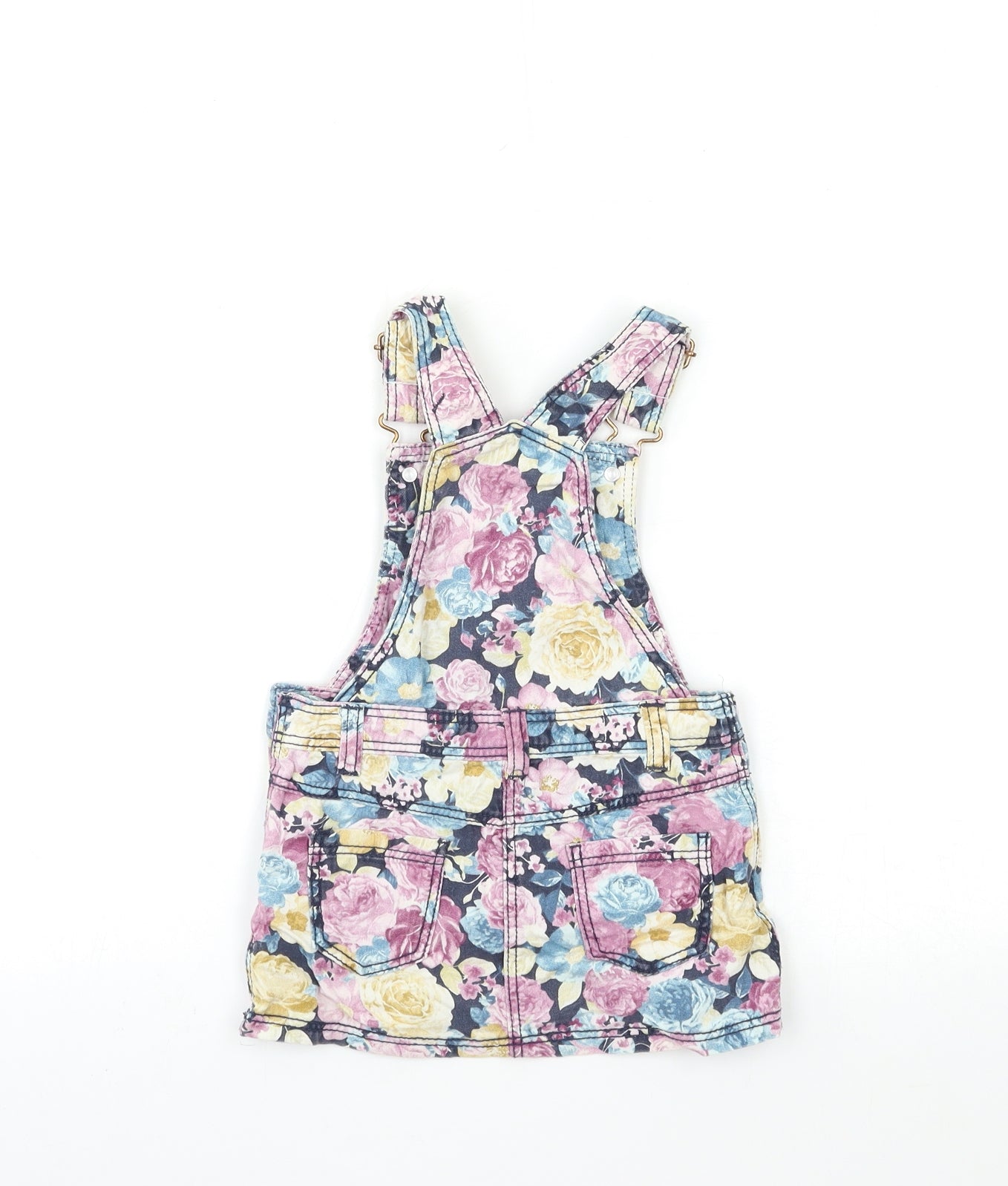 F&F Baby Pink Floral Denim Pinafore/Dungaree Dress  Size 12-18 Months