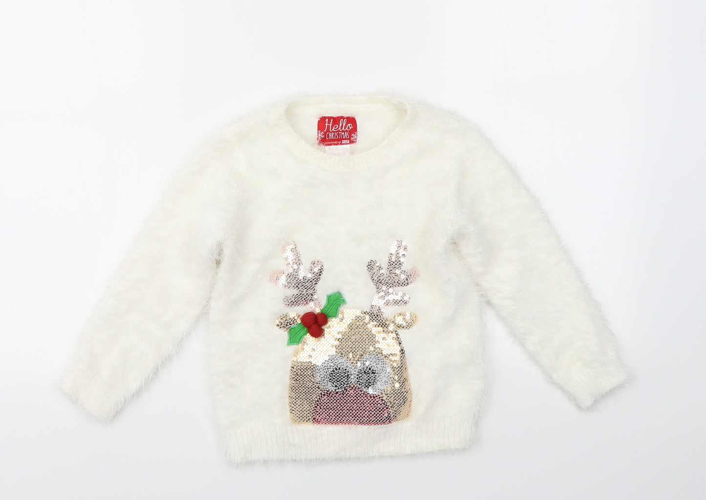 F&F Girls White Geometric  Pullover Jumper Size 5-6 Years