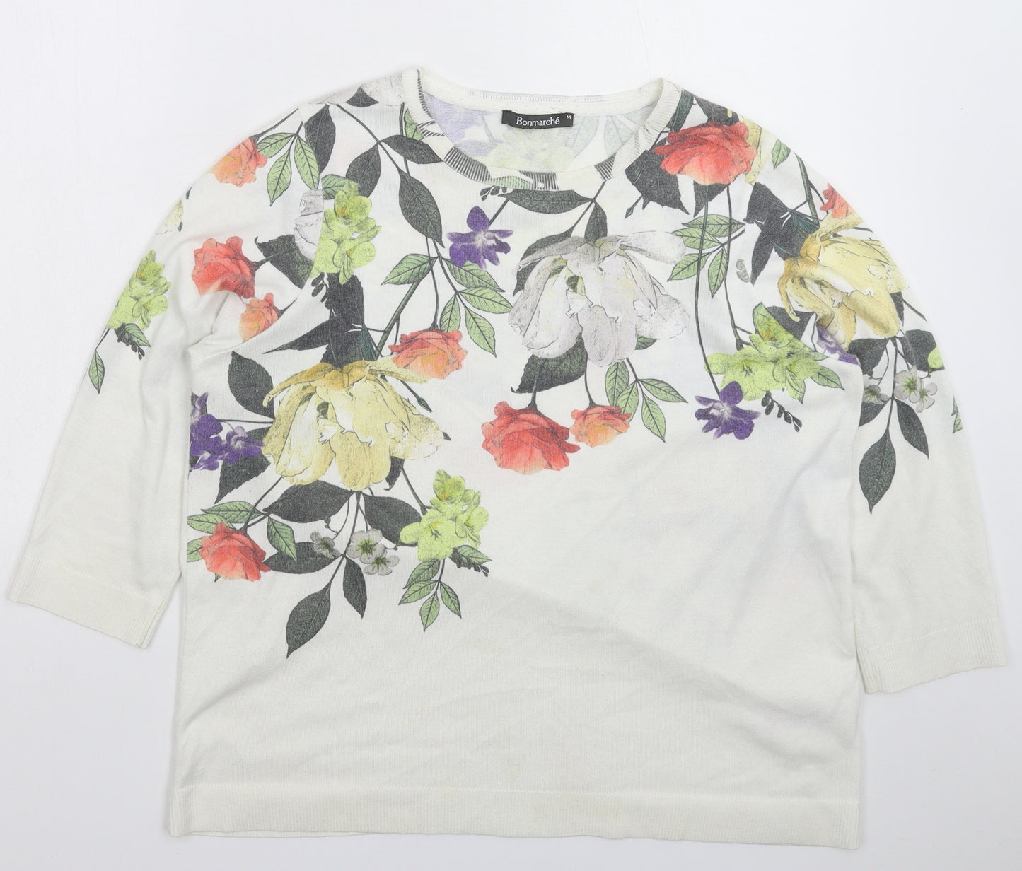 Bonmarché Womens White Floral Knit Pullover Jumper Size 14