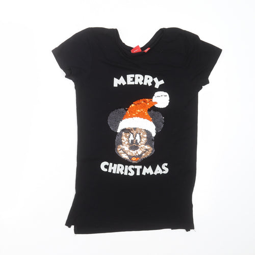 Disney Store Girls Black   Basic T-Shirt Size 12-13 Years  - Mickey Mouse Christmas
