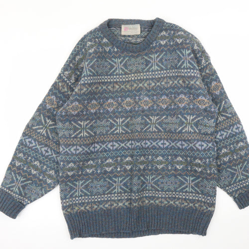 Pitlochry Mens Blue Fair Isle  Pullover Jumper Size L