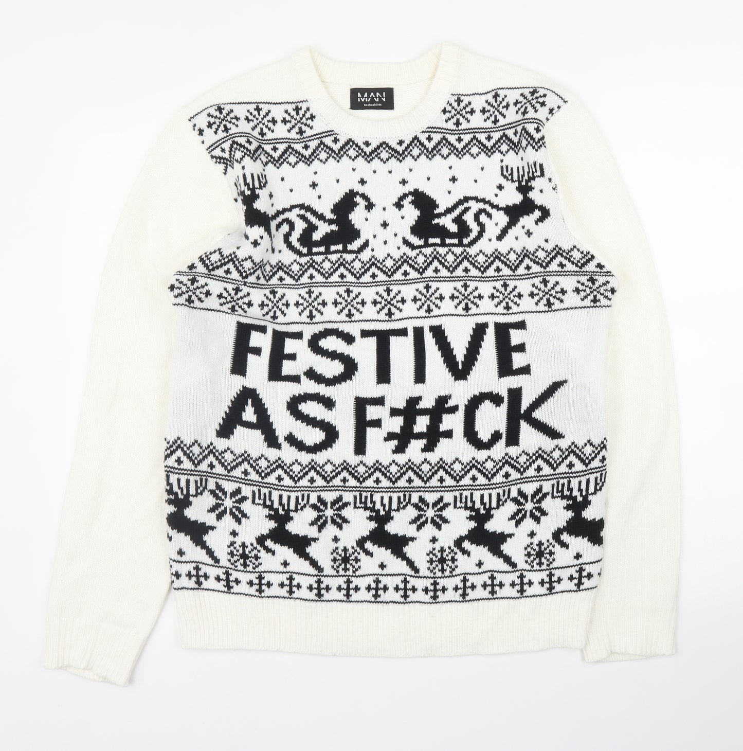 Boohoo Mens White Fair Isle  Pullover Jumper Size M