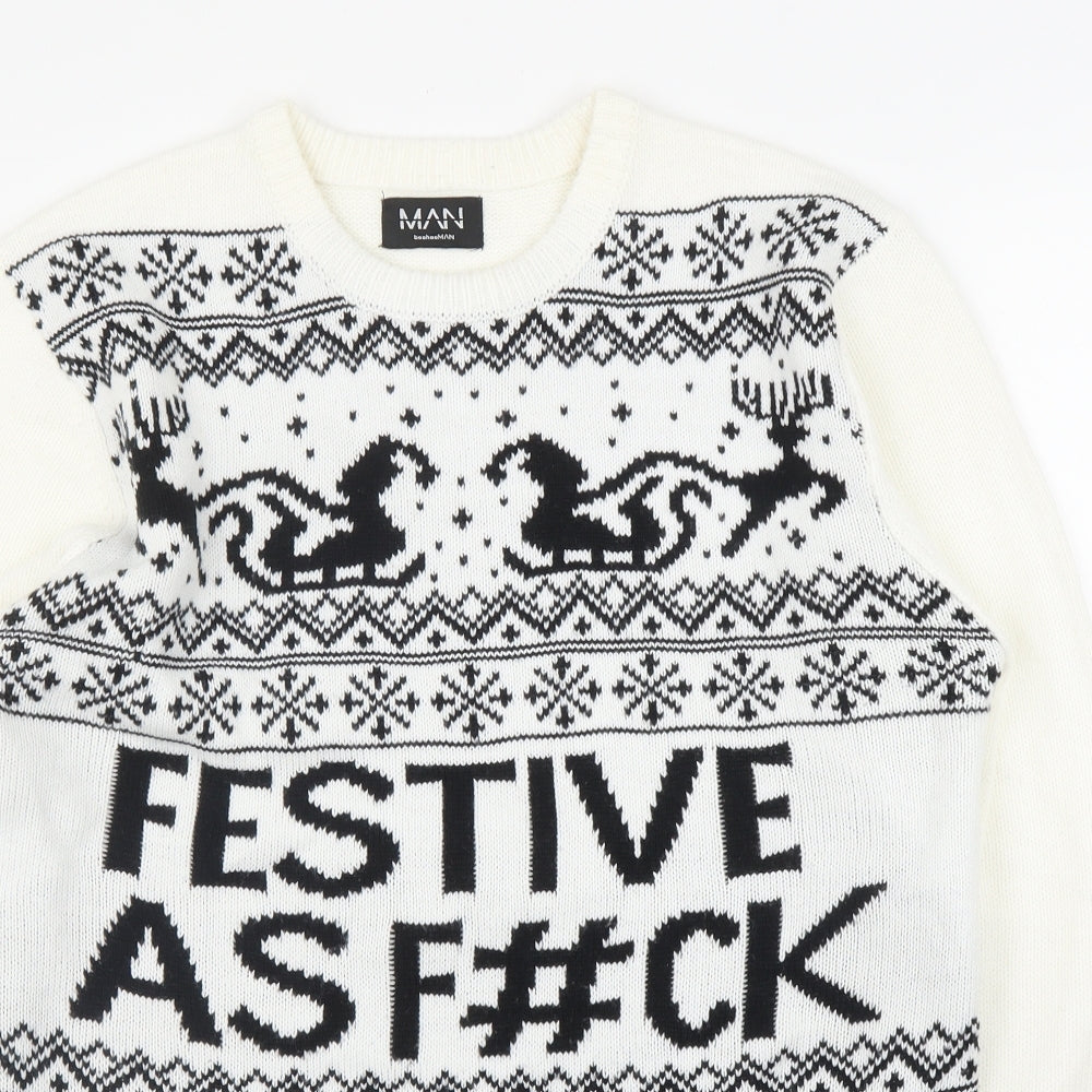 Boohoo Mens White Fair Isle  Pullover Jumper Size M