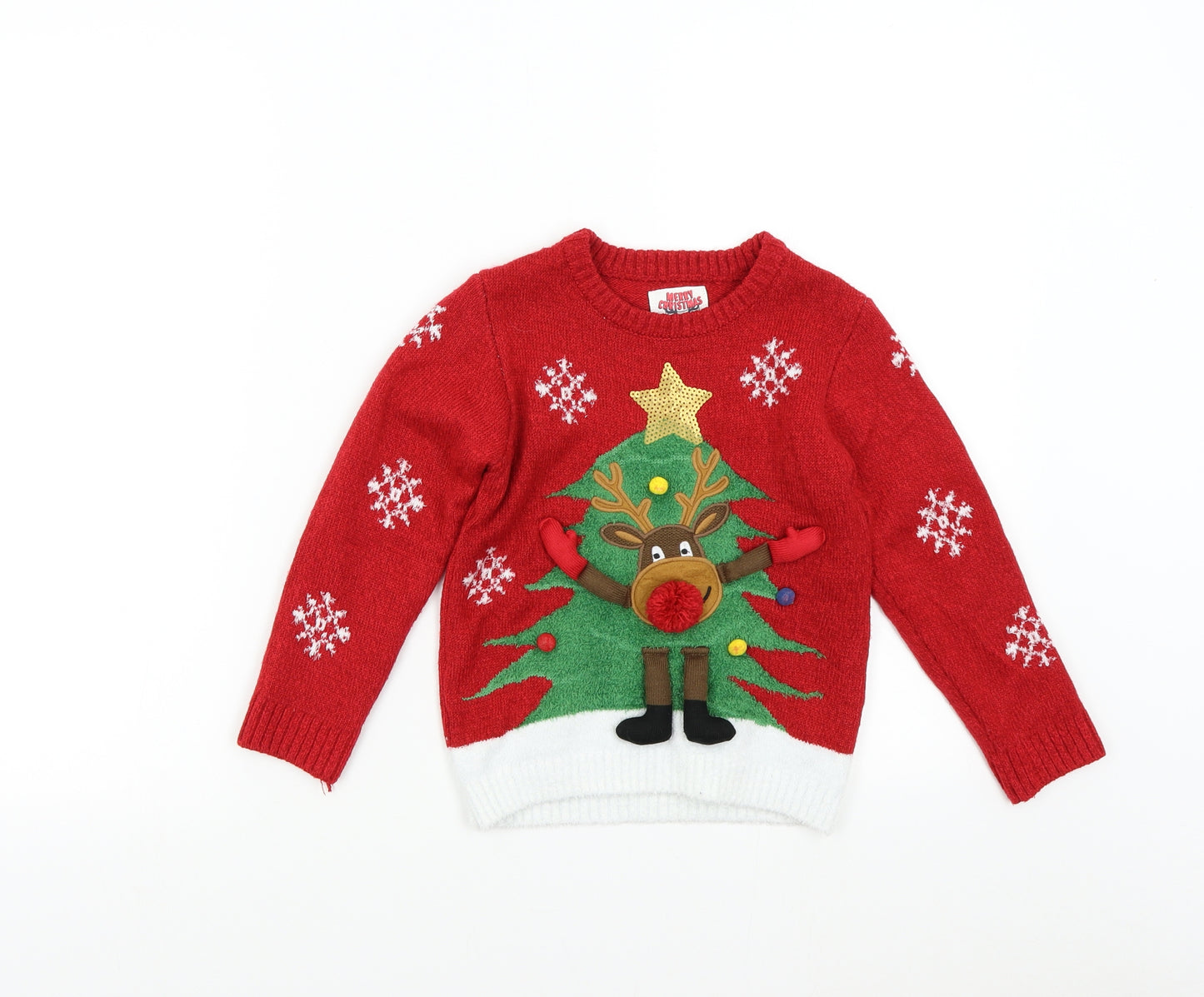 F&F Girls Red  Knit Pullover Jumper Size 5-6 Years  - Christmas